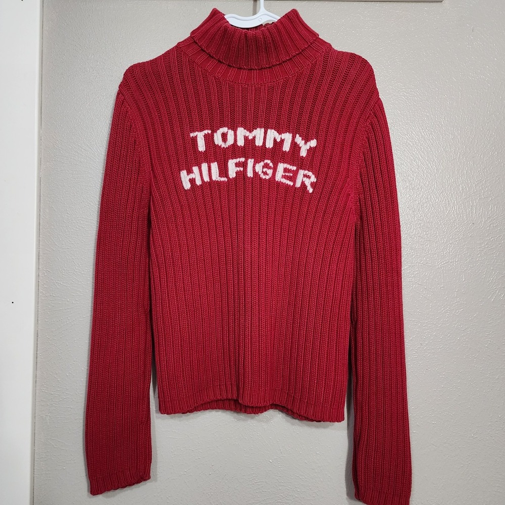 Tommy Hilfiger‎ Turtleneck Sweater Women's Size Large Red Vintage Y2K